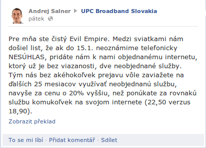 Andrej Salner - prvý príspevok na Facebook UPC