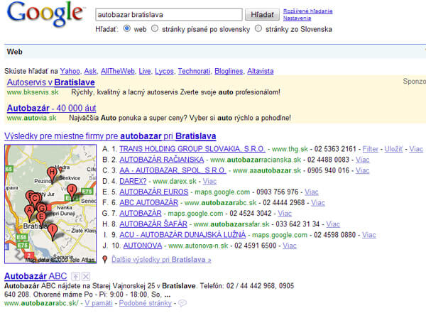 Lokálne vyhľadávanie Google na Slovensku
