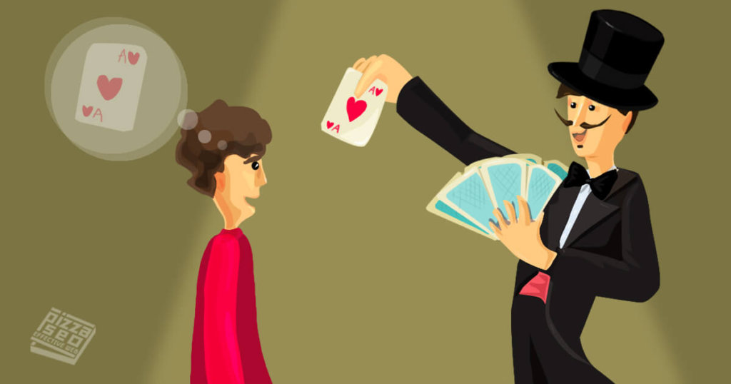 Kúzelník ukazuje presne tú kartu, na ktorú myslí divák.
