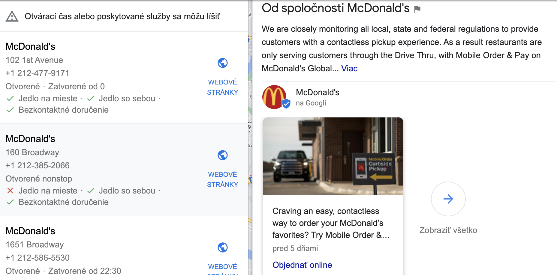 McDonald’s v New Yorku komunikuje zavedené opatrenia aj v Google My Business a tým pádom aj v Mapách Google.